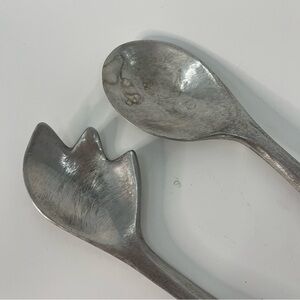 Vintage Bruce Cox biomorphic aluminum salad utensils 0031 signed silver metal